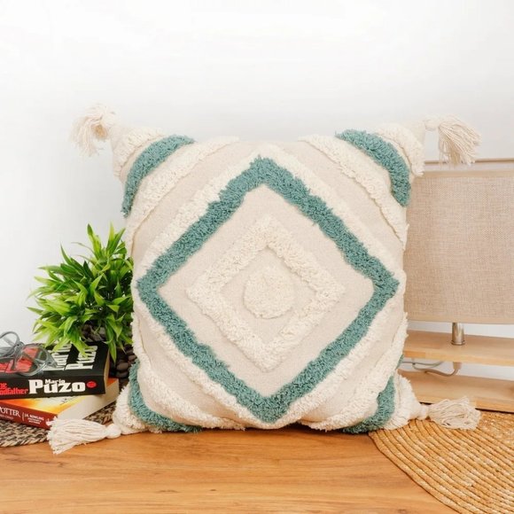 pepme Other - Tufted Cushion Cover concentric squares, dual color, tassles, blue, 16x16